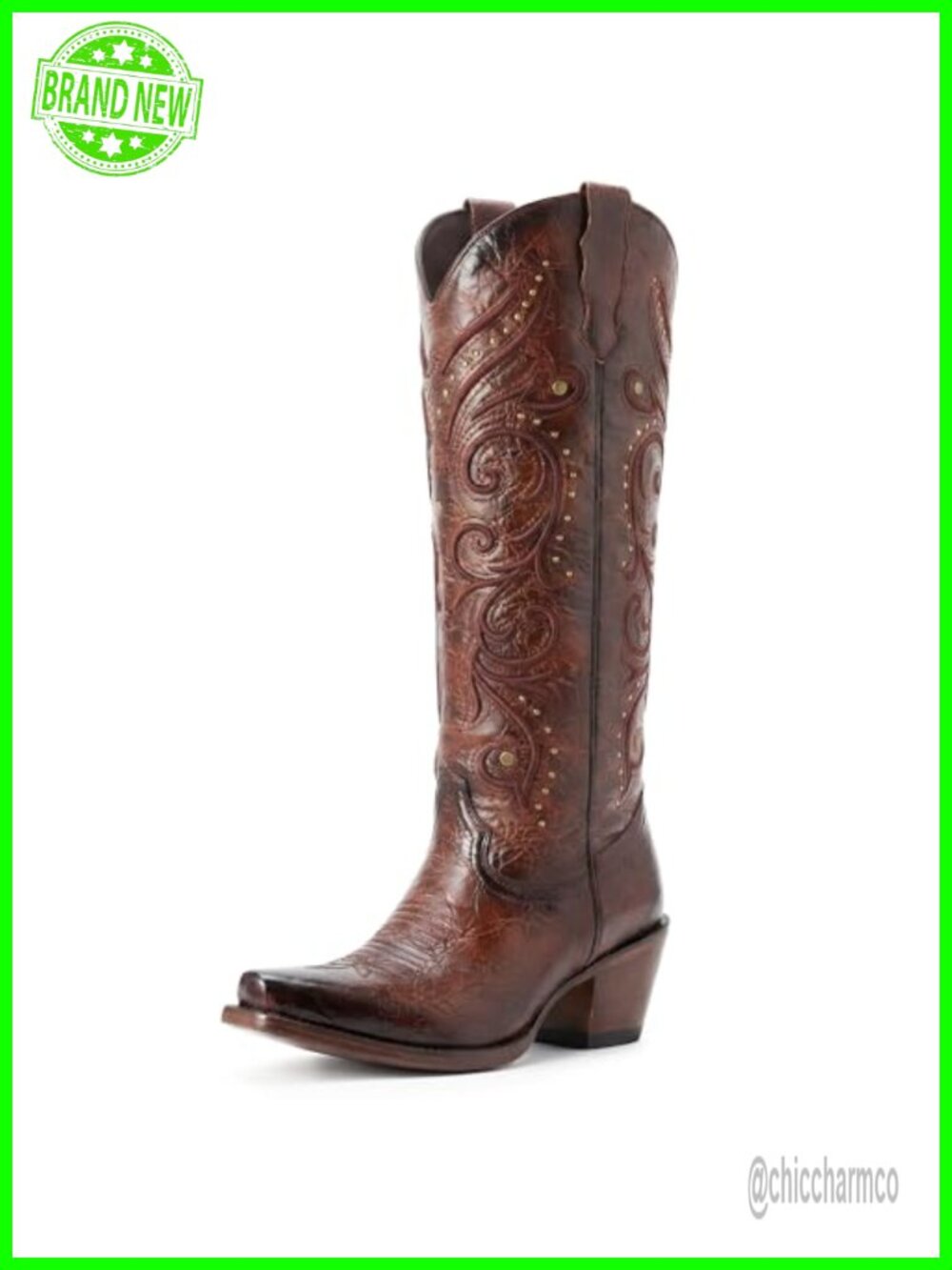 Knee High Cowboy Boots Embroidered Pointed Toe Side Zipper Chunky Heel Western